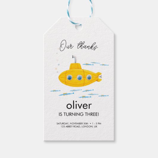 Gele onderzeeërs Birthday Dank u Label Cadeaulabel (Voorkant)