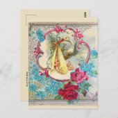 GELE OOIEVAAR BABYSHOWER, ROZE ROZEN, BLAUWE BLOEM BRIEFKAART (Voorkant / Achterkant)