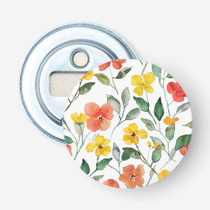 Gele oranje bloemen button flesopener