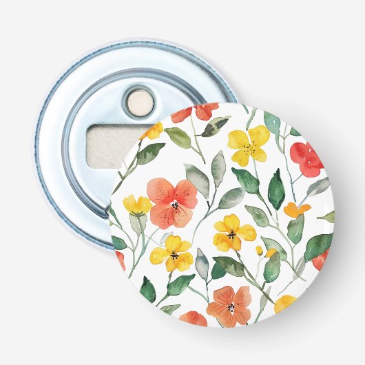 Gele oranje bloemen button flesopener (Voorkant)
