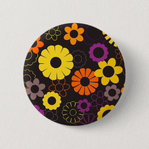 Gele oranje en paarse retro bloemen ronde button 5,7 cm