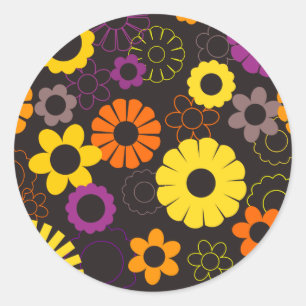 Gele oranje en paarse retro bloemen ronde sticker