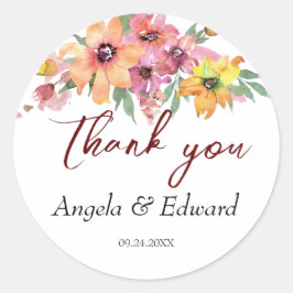 Gele, Oranje en roze Florals bruiloft Ronde Sticker