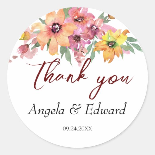 Gele, Oranje en roze Florals bruiloft Ronde Sticker (Voorkant)