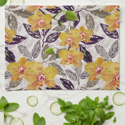 Gele oranje orchideeën. theedoek (Gevouwen)