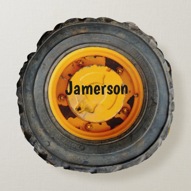 gele oranje oude antiek zwarte wielband rond kussen (Voorkant)