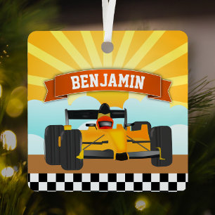 Gele oranje raceauto gepersonaliseerde naam kinder metalen ornament