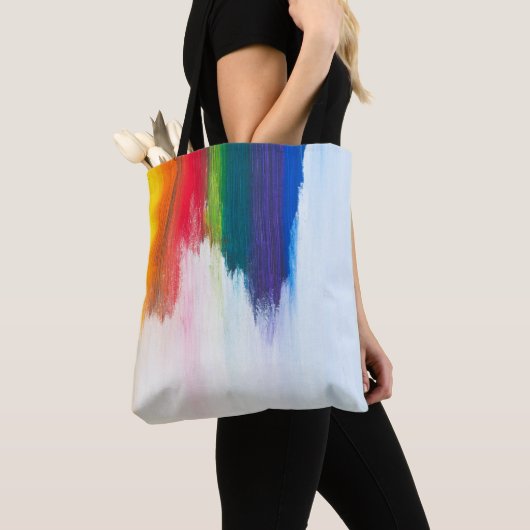 Gele, oranje, rode, groene en blauwe abstracte pij tote bag (Dichtbij)
