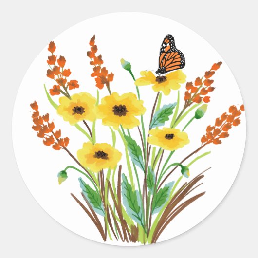 Gele Oranje Waterverven bloemen en vlinder Ronde Sticker (Voorkant)