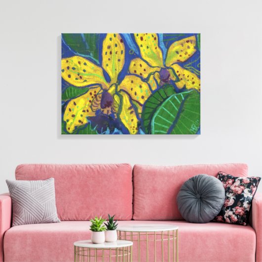 Gele orchidebloemen, pasteelschilderende Florale k Canvas Afdruk (Insitu (Woonkamer))