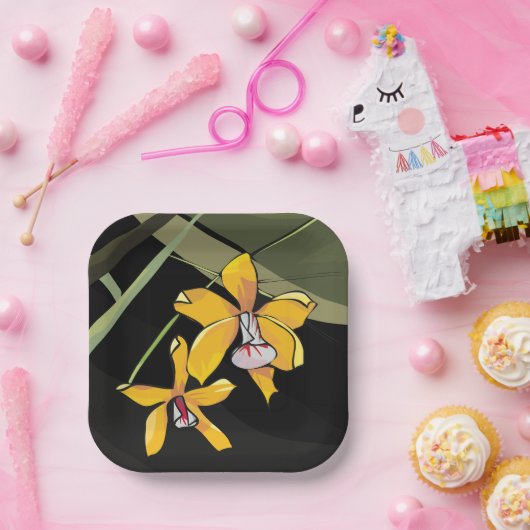 Gele Orchidee Bloem Tropisch Botanisch Papieren Bordje (Feest)