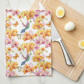 Gele orchideeën en levende vogels theedoek (Quarter Fold)