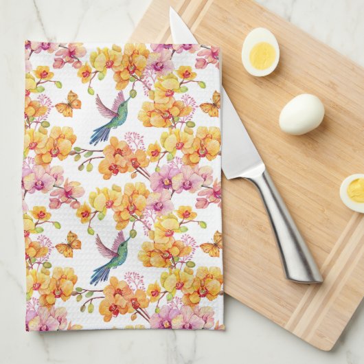 Gele orchideeën en levende vogels theedoek (Quarter Fold)