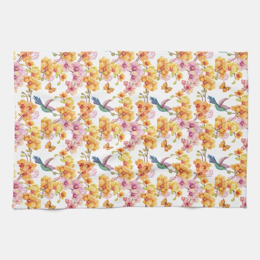 Gele orchideeën en levende vogels theedoek (Horizontaal)