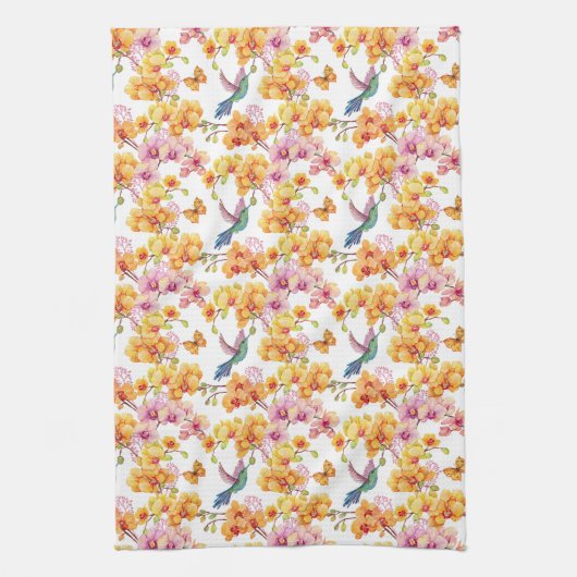 Gele orchideeën en levende vogels theedoek (Verticaal)