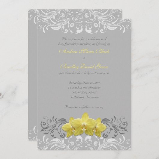Gele orchideeën Gray Floral Weddenschap Kaart (Voorkant / Achterkant)