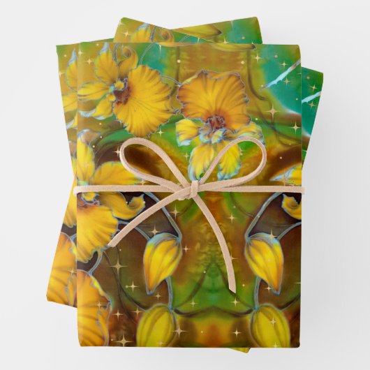 Gele orchideeën Magical Gold Sparkles Stars Green Inpakpapier Vel (In situ)