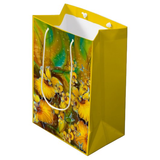 Gele orchideeën Magical Gold Sparkles Stars Green Medium Cadeauzakje (Voorkant Gekanteld)