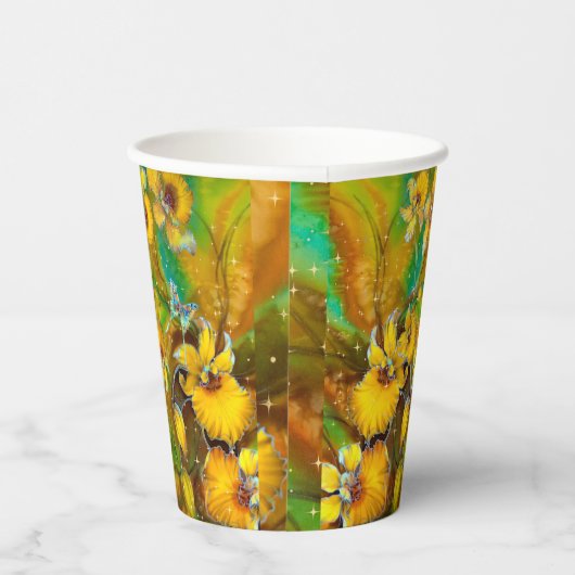 Gele orchideeën Magical Gold Sparkles Stars Green Papieren Bekers (Rechts)