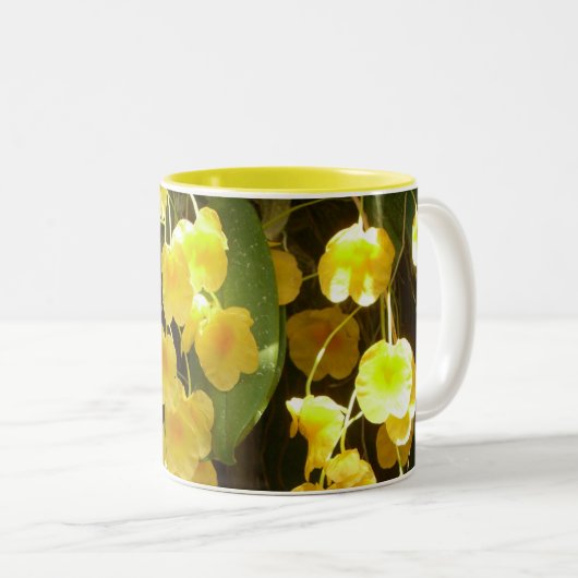 Gele Orchids Tropische Bloemen Tweekleurige Koffiemok (Voorkant rechts)