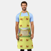 Gele overall schort met kippen en Bijbelvers (Gedragen)