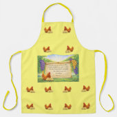 Gele overall schort met kippen en Bijbelvers (Voorkant)