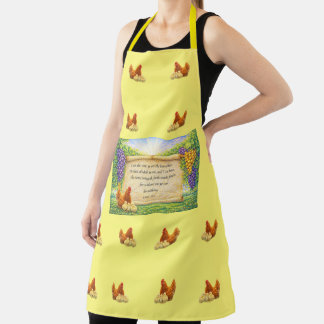 Gele overall schort met kippen en Bijbelvers