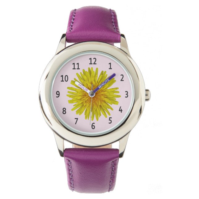 Gele Paardebloem Bloem Zwart Cijfers op elke kleur Horloge (Voorkant)