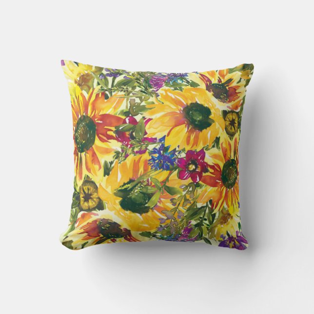 Gele Paarse Bloemen Boho Waterverf Kussen (Voorkant)