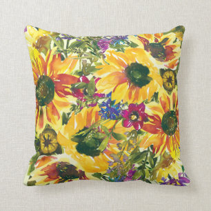 Gele Paarse Bloemen Boho Waterverf Kussen
