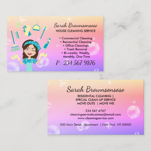 Gele Paarse Cartoon Dienstmeid Huis Schoonmaak Ser Visitekaartje (Voorkant / Achterkant)