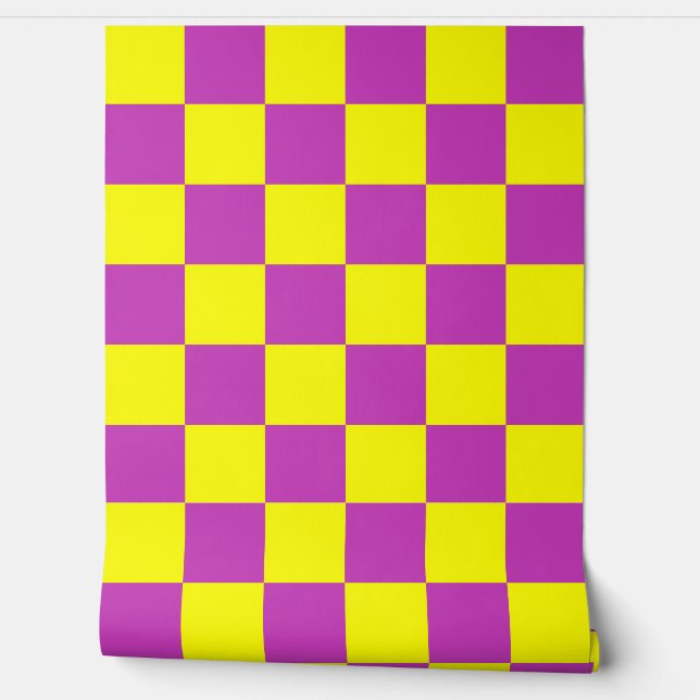 Gele Paarse Checker Patroonachtergrond Behang (Afrollen)