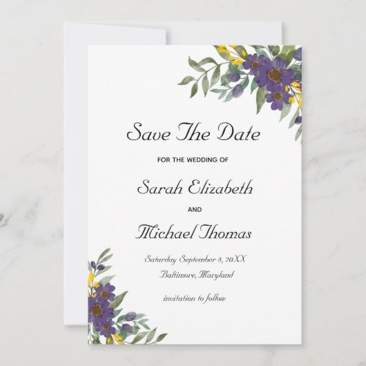 Gele Paarse Floral Wedding Save the Date Card (Voorkant)