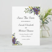 Gele Paarse Floral Wedding Save the Date Card (Staand voorkant)