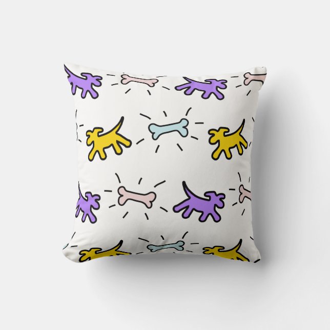 Gele Paarse honden Botten Graffiti Style Pillow Kussen (Voorkant)