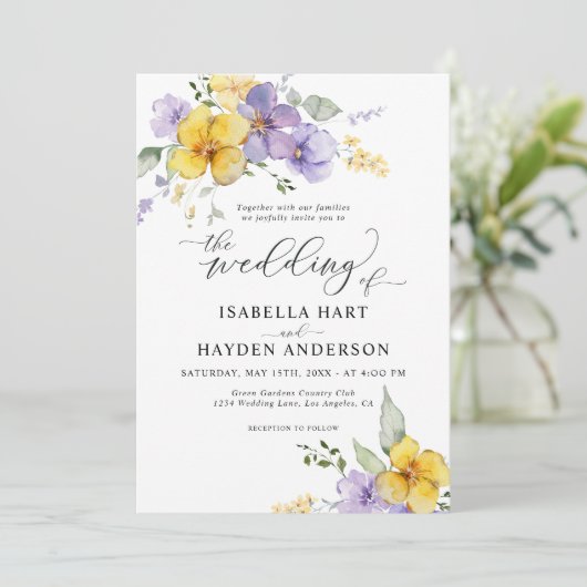 Gele Paarse Lavendel Boho Rustieke Bloemen Bruilof Kaart (Staand voorkant)