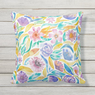 Gele Paarse Lente Waterverf Flowers Leaves Buitenkussen