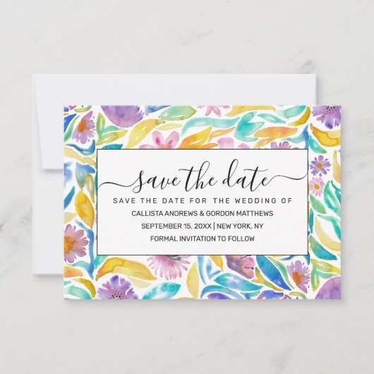 Gele Paarse Lente Waterverf Flowers Leaves Save The Date (Voorkant)