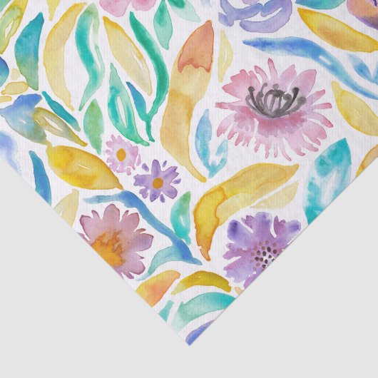 Gele Paarse Lente Waterverf Flowers Leaves Tissuepapier (Detail)