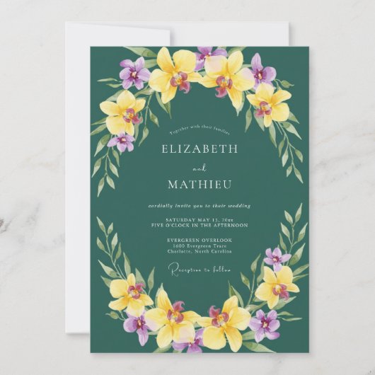 Gele Paarse Orchidee Huwelijk Kaart (Voorkant)