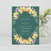 Gele Paarse Orchidee Huwelijk Kaart (Staand voorkant)