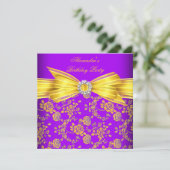 Gele Paarse rozen Damask Birthday Party Kaart (Staand voorkant)