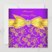 Gele Paarse rozen Damask Birthday Party Kaart (Voorkant)