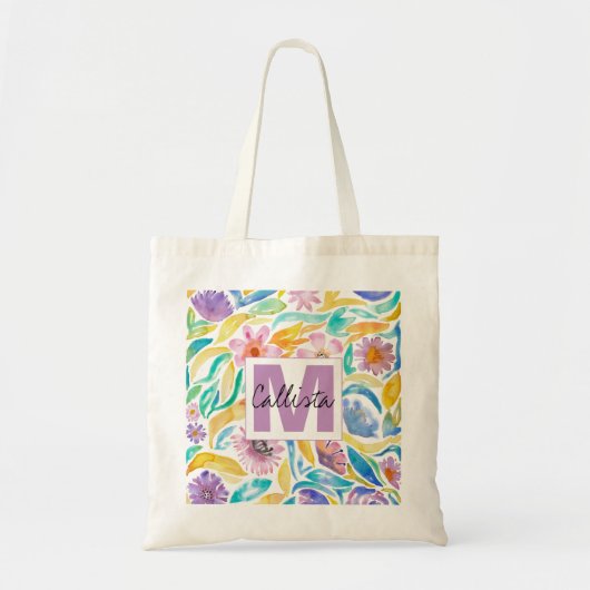 Gele Paarse Waterverf bloemen monogram Tote Bag (Voorkant)