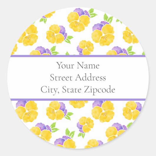 Gele Paarse Waterverf Pansy Patroonlabels Ronde Sticker (Voorkant)