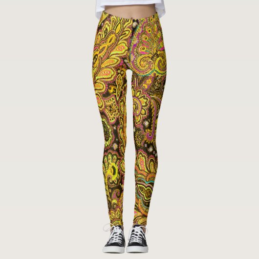 Gele paisley-design op zwart leggings (Voorkant)