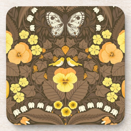 Gele pansies, vogels en vlinders bier onderzetter (Voorkant)