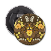 Gele pansies, vogels en vlinders button flesopener (Voorkant)