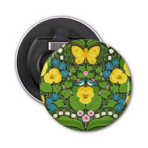 Gele pansies, vogels en vlinders button flesopener