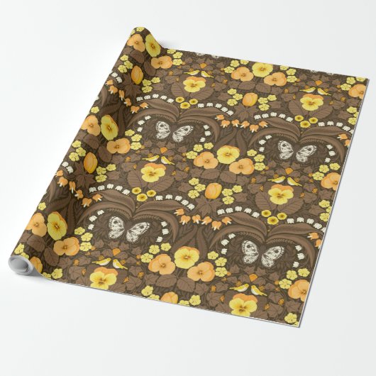 Gele pansies, vogels en vlinders cadeaupapier (Uitgerold)